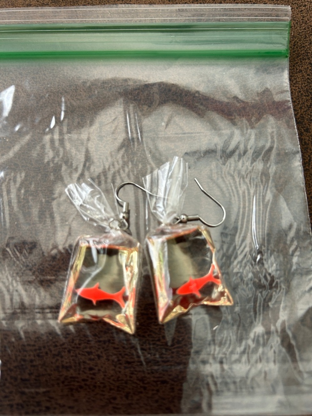 Novelty Gold Fish Bag Dangle Earrings - Orange Fish